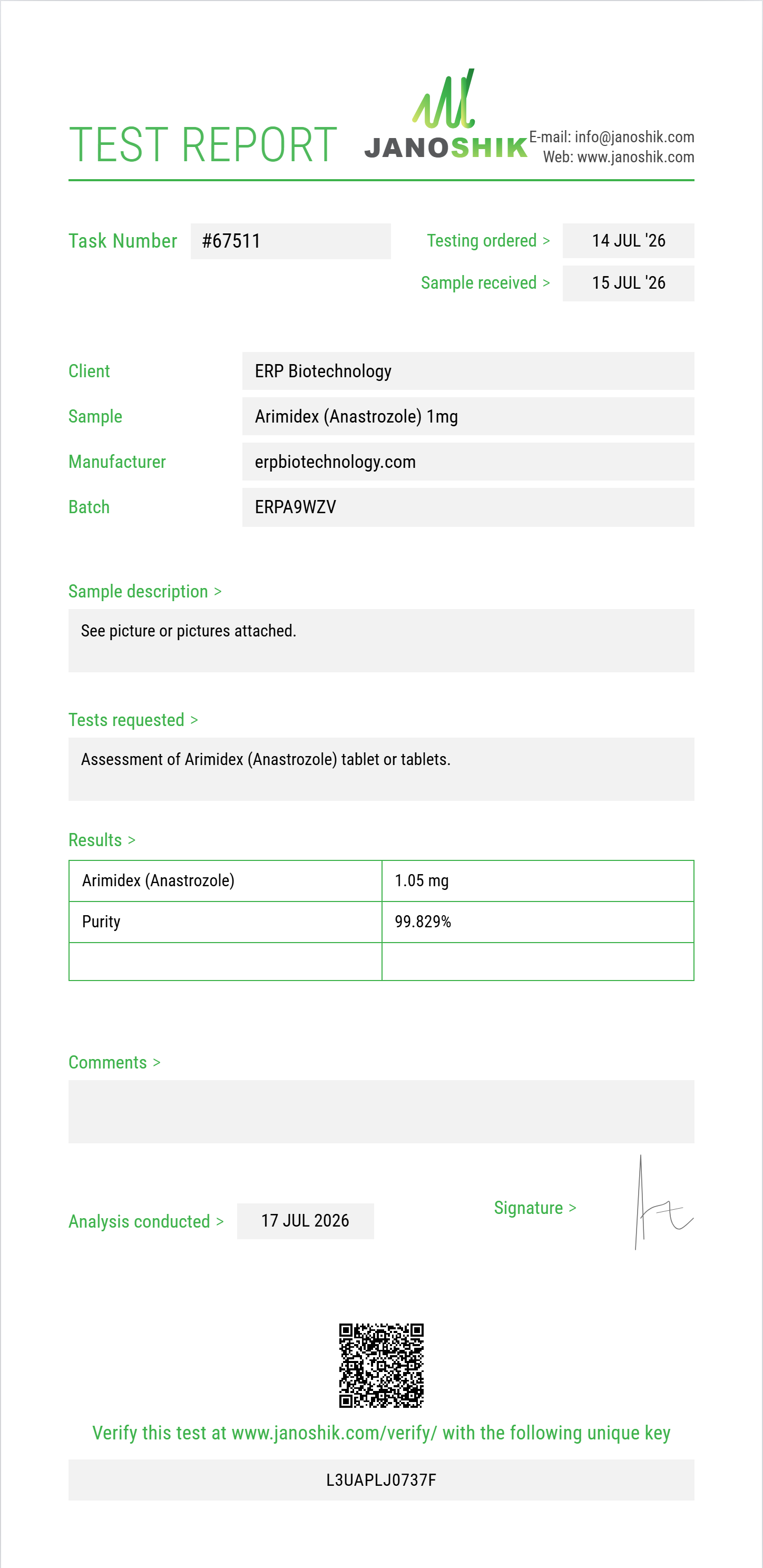 Arimidex (Anastrozole) Purity (HPLC) report by Janoshik Analytical