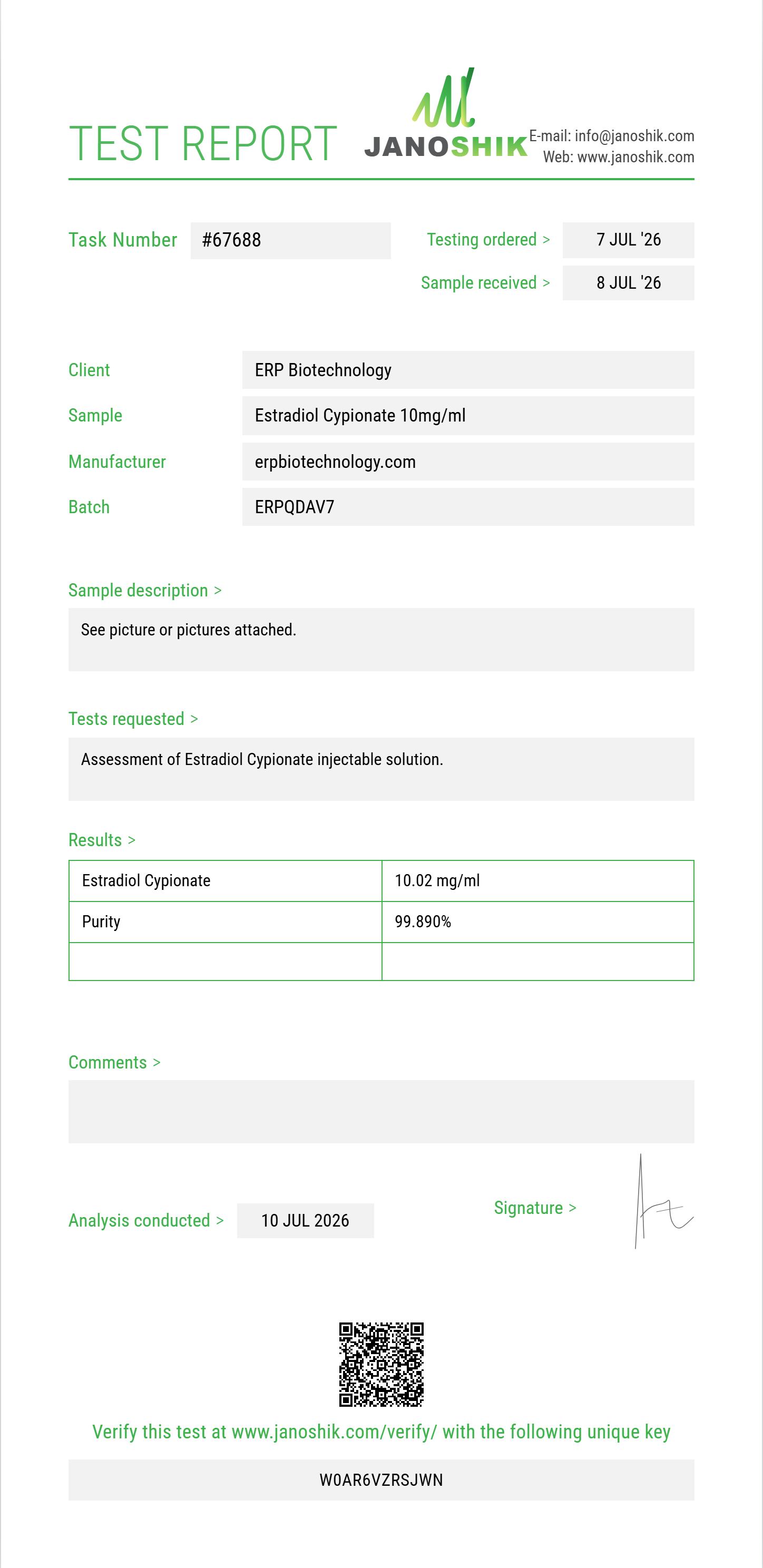 Estradiol Cypionate Purity (HPLC) report by Janoshik Analytical