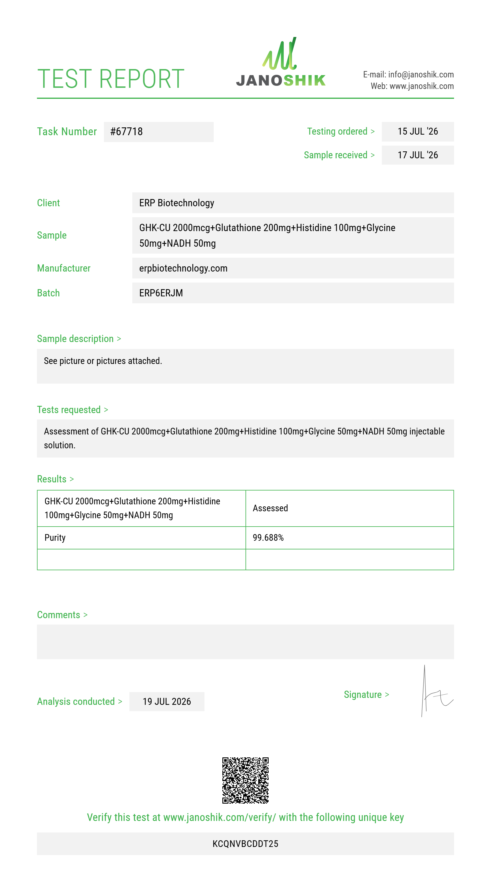 GHK-CU 2000mcg+Glutathione 200mg+Histidine 100mg+Glycine 50mg+NADH 50mg Purity (HPLC) report by Janoshik Analytical