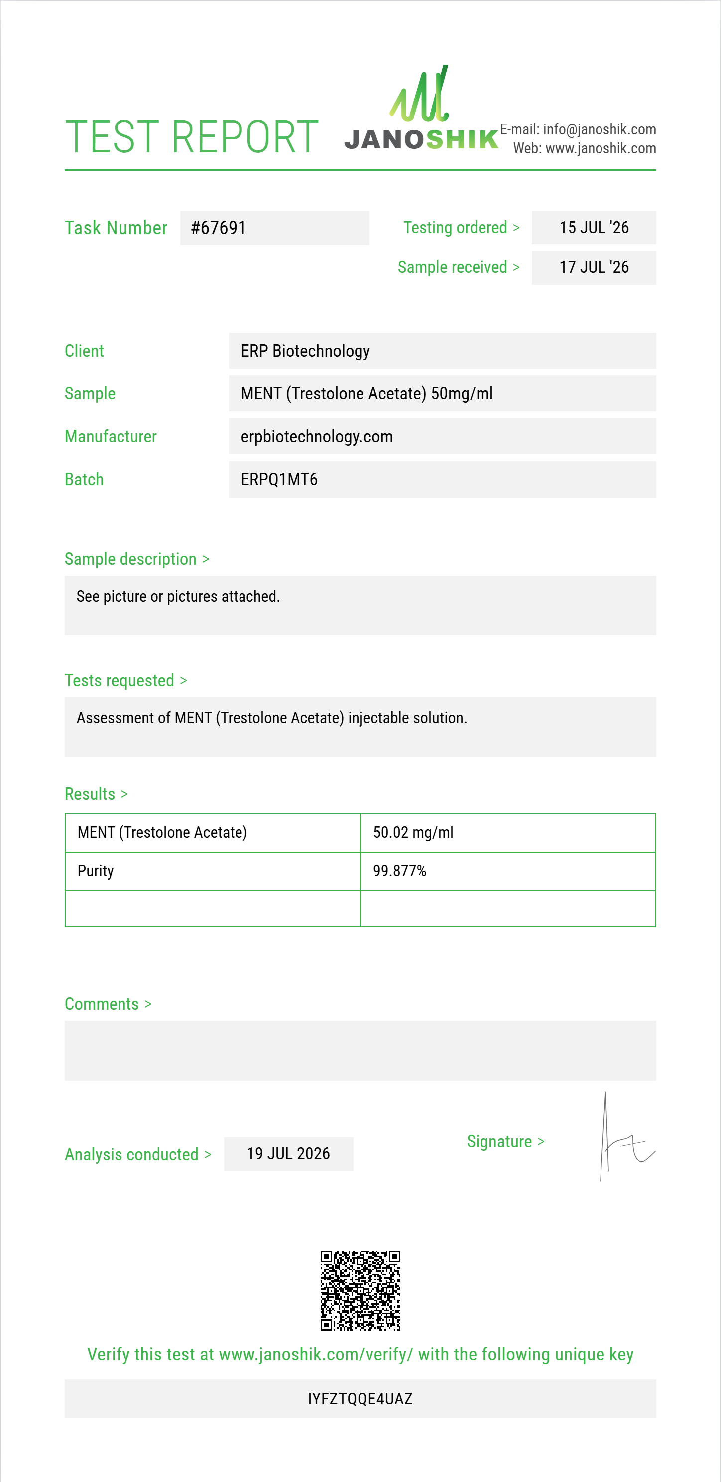 MENT (Trestolone Acetate) Purity (HPLC) report by Janoshik Analytical