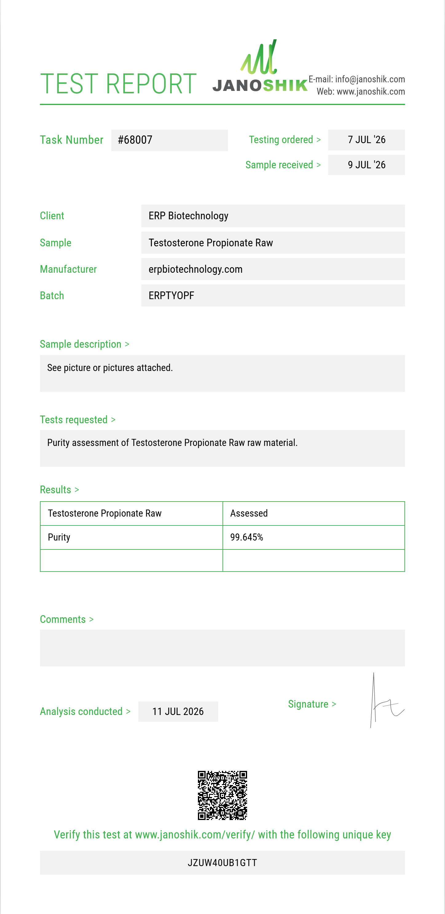 Testosterone Propionate Raw Purity (HPLC) report by Janoshik Analytical