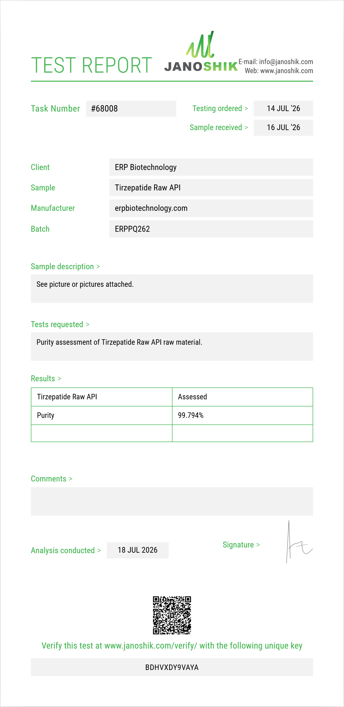 Tirzepatide Raw Purity (HPLC) report by Janoshik Analytical