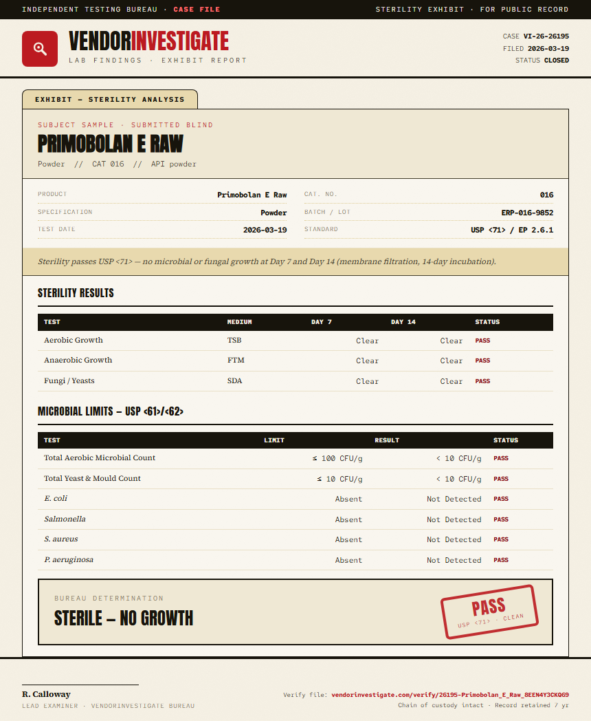 Primobolan E Raw Sterility report by VendorInvestigate